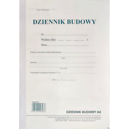 Dziennik Budowy A4 (oryginał + kopia) 603-S1