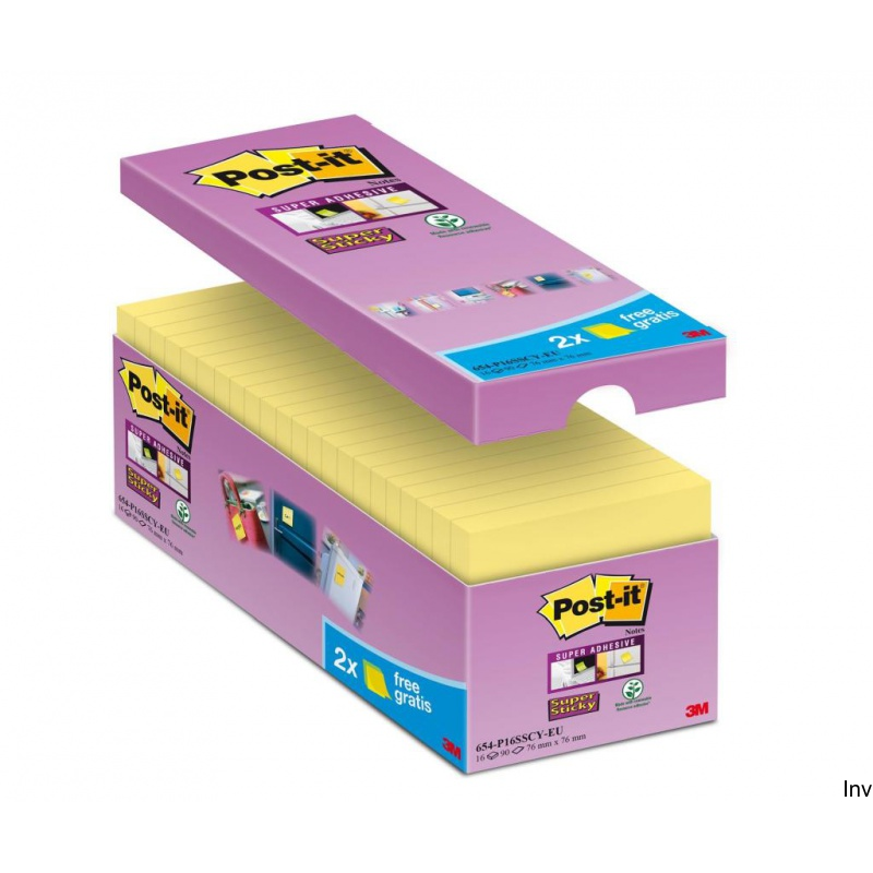 Bloczki samoprzylepne Post-it Super Sticky 76x76mm, żółte, 16x90 sztuk, 2 bloczki GRATIS