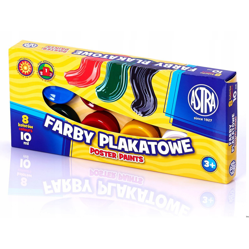 Farby plakatowe Astra 8 kolorów 10 ml wodne kryjące do malowania papieru, kartonu, drewna, ceramiki, kamienia