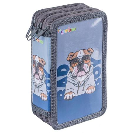 Piórnik szkolny GIMBOO, z wyposażeniem, 3 komory, Bulldog, szary