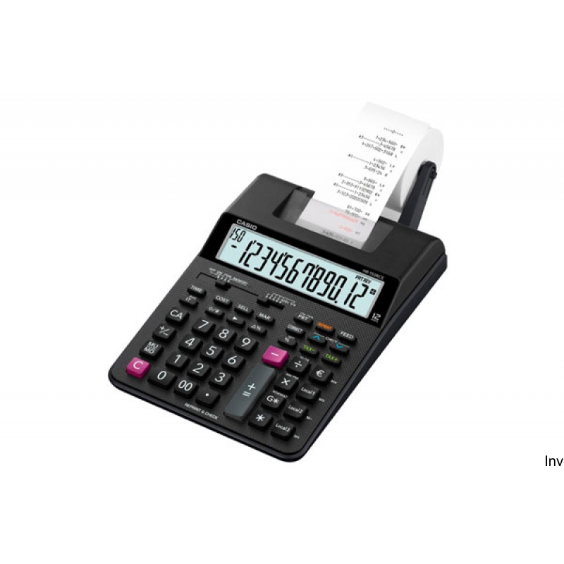 Kalkulator Casio HR-150RCE z drukarką, 12-cyfrowy, czarny, zasilacz, obliczenia handlowe, 2 lata gwarancji