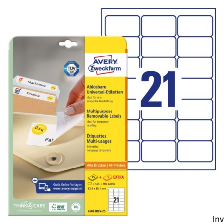 Etykiety uniwersalne Avery Zweckform L6023REV-25 63,5x38,1 mm, 25 arkuszy, białe, usuwalne