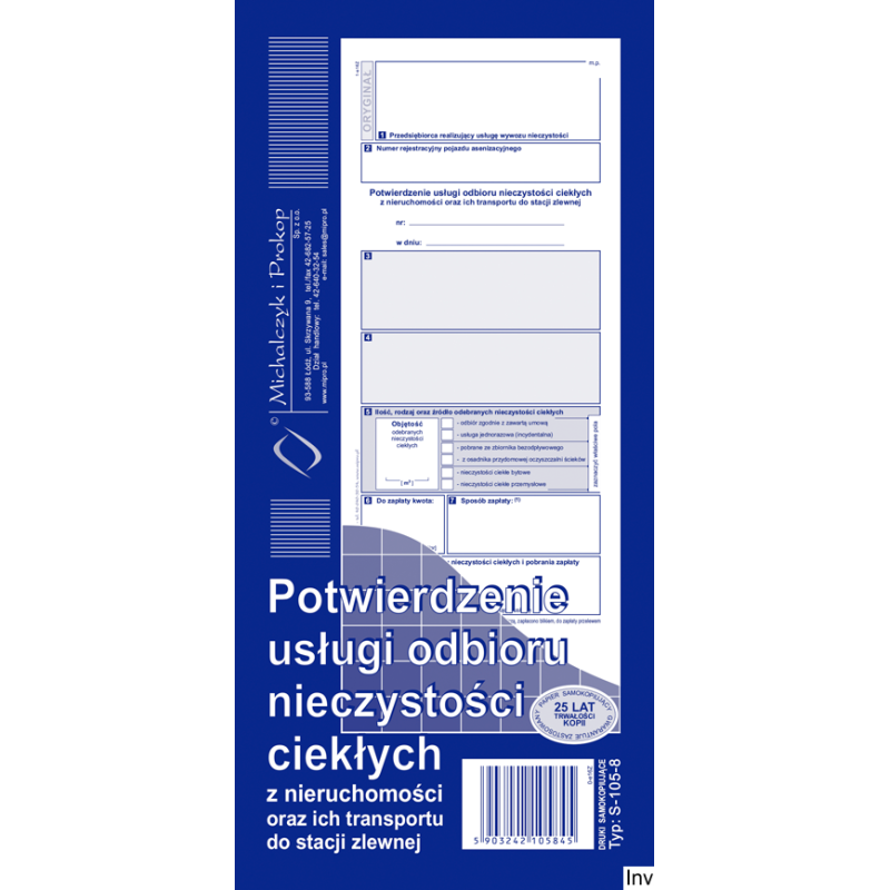 Potwierdzenie usługi odbioru nieczystości ciekłych S-105-8 1/3 A4 Michalczyk i Prokop