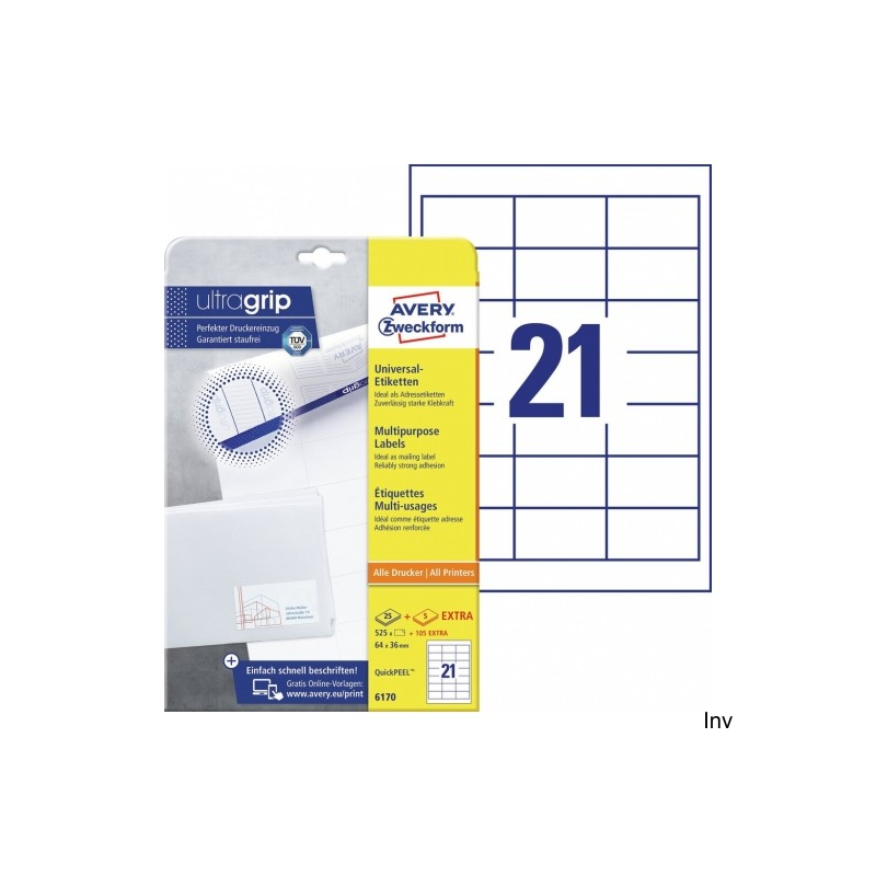 Etykiety papierowe Avery Zweckform 64 x 36 mm, białe samoprzylepne, 630 sztuk, 30 arkuszy A4