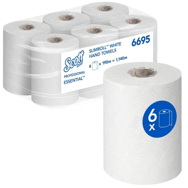 Ręcznik papierowy w roli SCOTT Essential Slimroll, 1-warstwowy, 190 m, 760 listków, 6 rolek, biały