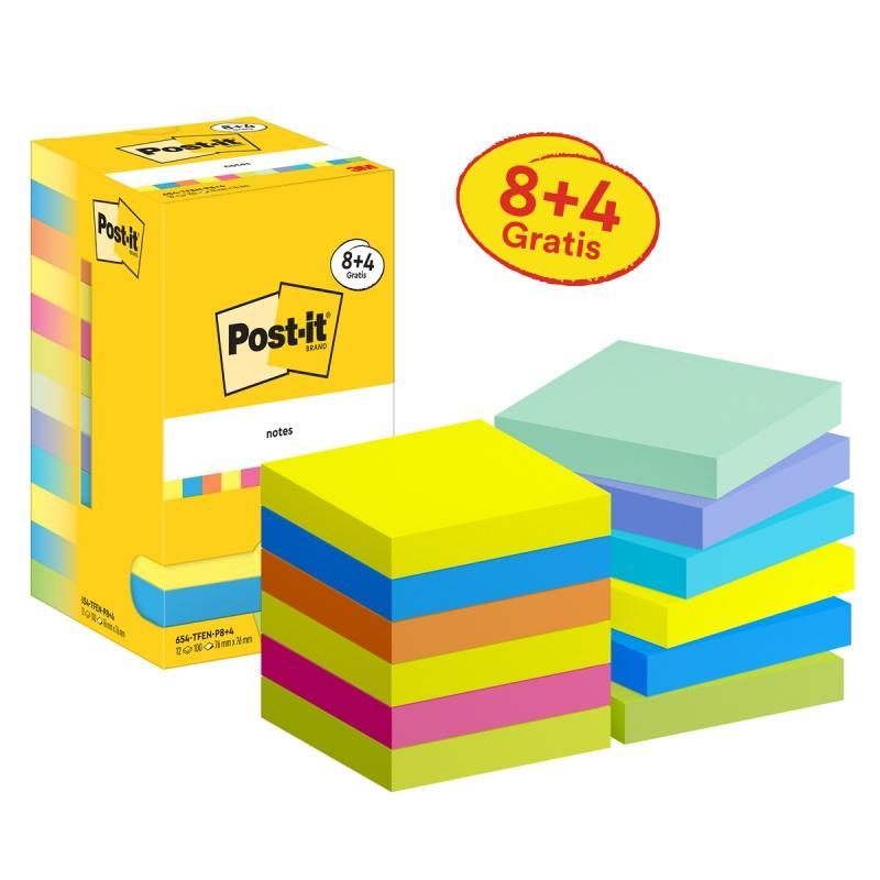 Karteczki samoprzylepne POST-IT Energetic, 76x76mm, 8x100 kart.+4x100 kart. gratis, mix kolorów
