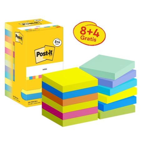 Karteczki samoprzylepne POST-IT Energetic, 76x76mm, 8x100 kart.+4x100 kart. gratis, mix kolorów