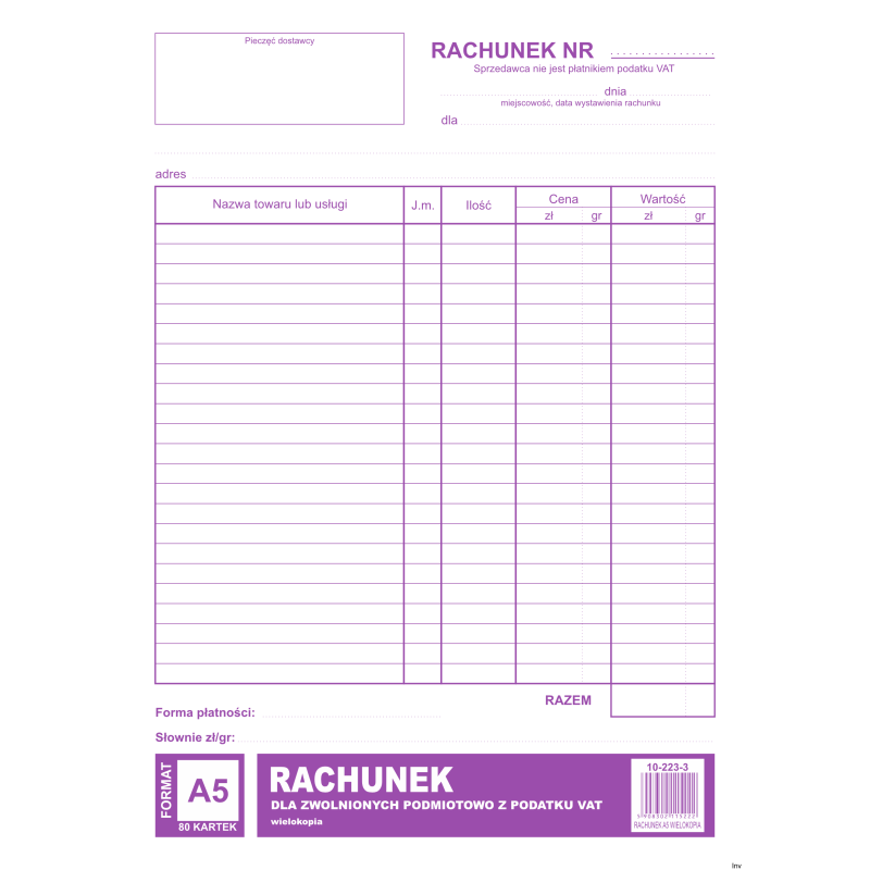 Rachunek A5 dla zwolnionych z VAT wielokopia Michalczyk i Prokop