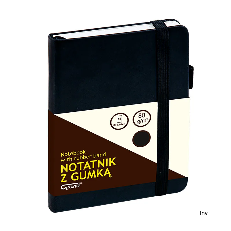 Notatnik A6 czarny kratka 80 kartek z gumką Grand