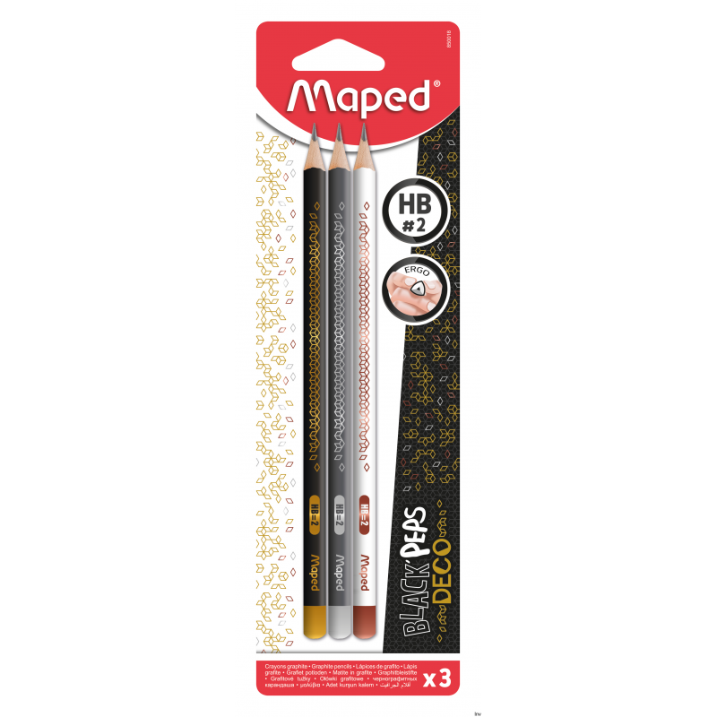 Ołówek Maped Black Peps DECO HB 3 sztuki blister, trójkątny, wzory metaliczne, drewno lipowe