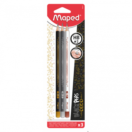 Ołówek Maped Black Peps DECO HB 3 sztuki blister, trójkątny, wzory metaliczne, drewno lipowe