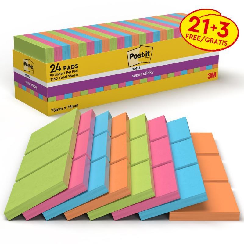 Karteczki samoprzylepne POST-IT Super Sticky (654-SS-VP24COL), 76x76mm, 90 kart./bloczek, 21 + 3 bloczki GRATIS, mix kolorów