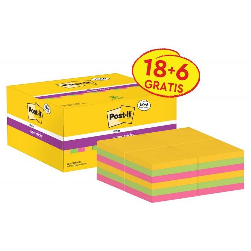 Karteczki samoprzylepne POST-IT Super Sticky (622-P24SSCOL), 47,6x47,6mm, 90 kart./bloczek, 18 + 6 bloczków GRATIS, mix kolorów