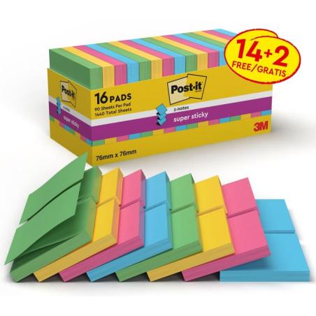Karteczki samoprzylepne POST-IT SuperSticky Z-Notes (R330-SS-VP16), 76x76mm, 90 kart./bloczek, 14+2 bloczki, mix kolorów