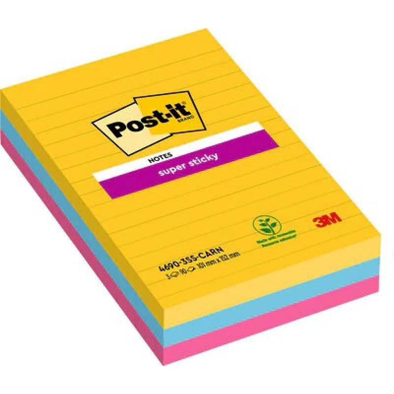 Karteczki samoprzylepne POST-IT Super Sticky w linie (4690-SS3RIO-EU), 101x152mm, 3x90 kart., paleta Carnival