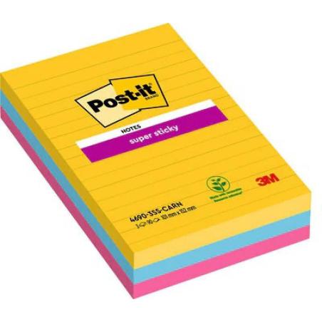 Karteczki samoprzylepne POST-IT Super Sticky w linie (4690-SS3RIO-EU), 101x152mm, 3x90 kart., paleta Carnival