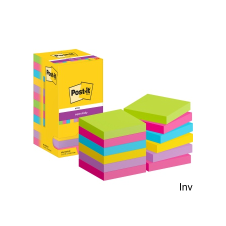 Bloczek samoprzylepny POST-IT Super Sticky 76x76 mm, 12 opakowań po 90 karteczek, mix kolorów, 3M