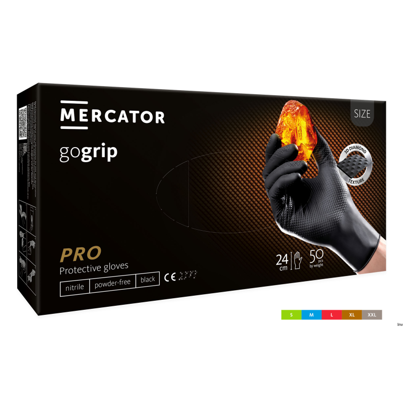 Rękawice nitrylowe bezpudrowe mocne/grube MERCATOR, GOGRIP czarne, (50 szt.), rozmiar XL, RP30060005