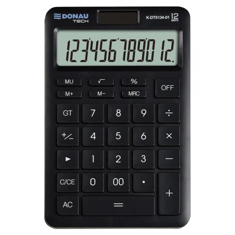 Kalkulator biurowy DONAU TECH, 12-cyfr. wyświetlacz, funkcja pierw., GT, wym. 166x104 mm, czarny