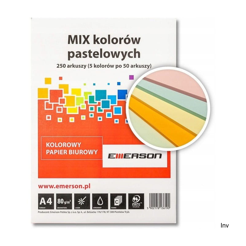 Papier xero A4 80g mix pastelowy 50 arkuszy Emerson
