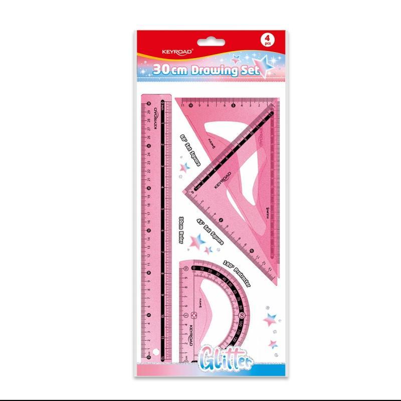 Zestaw geometryczny KEYROAD Glitter, 4 elem., 30cm, zawieszka, różowy