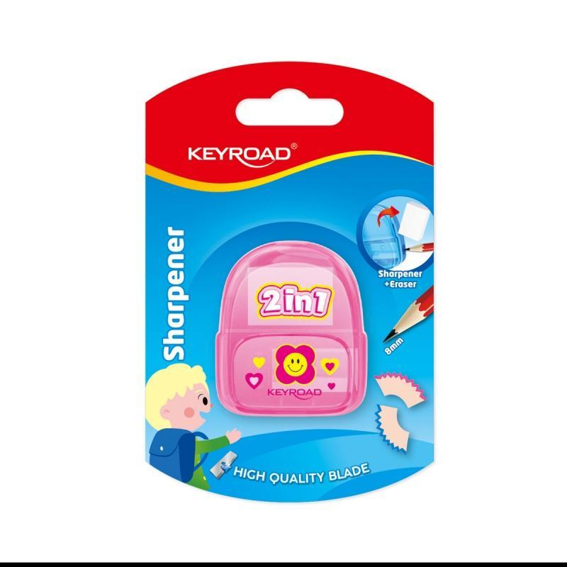 Temperówka plastikowa z gumką KEYROAD, pojedyncza, blister, mix kolorów