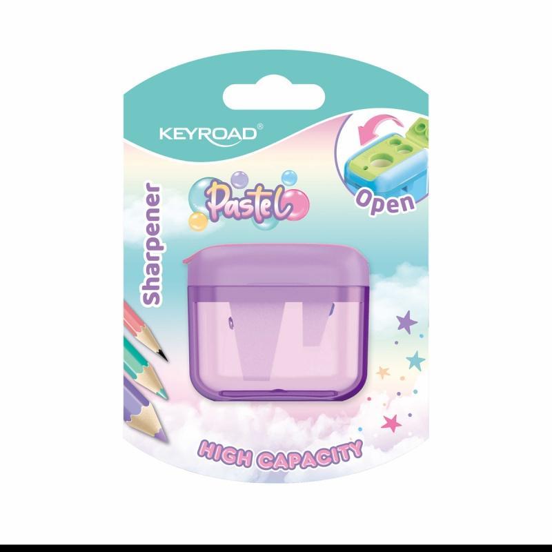 Temperówka plastikowa KEYROAD Pastel, potrójna, z pojemnikiem, blister, mix kolorów