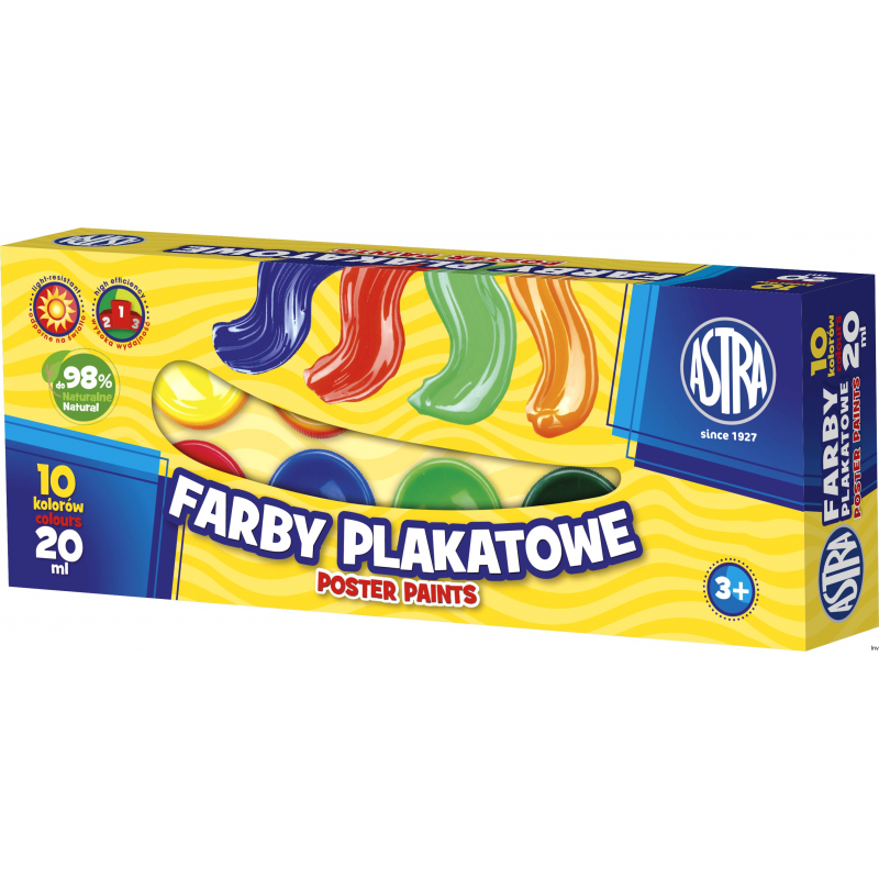 Farby plakatowe Astra 10 kolorów 20 ml - wodorozcieńczalne, intensywne barwy do malowania na papierze, drewnie i ceramice