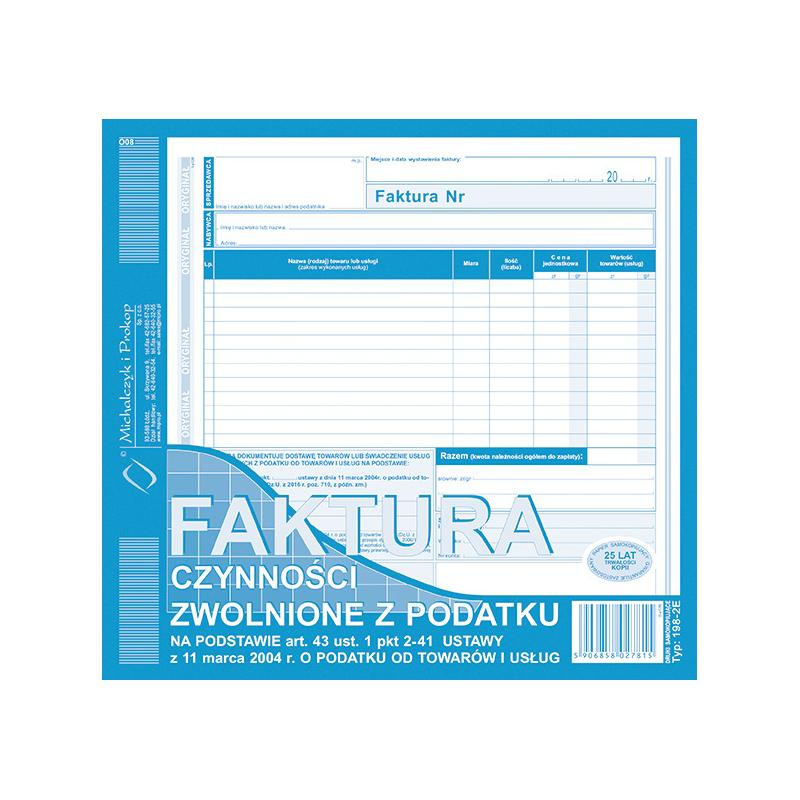 Faktura czynności zwolnionych z podatku VAT 198-2E A4 Michalczyk i Prokop
