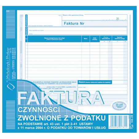 Faktura czynności zwolnionych z podatku VAT 198-2E A4 Michalczyk i Prokop