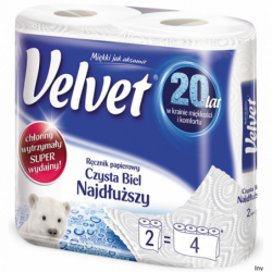 Ręcznik Velvet Extra Long Biały 2 rolki 100% celuloza 2 warstwowy 90 listków