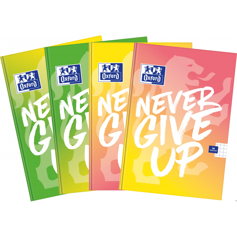 Brulion A5 96 kartek kratka z marginesem Oxford NEVER GIVE UP z miękką okładką i papierem 90g/m2