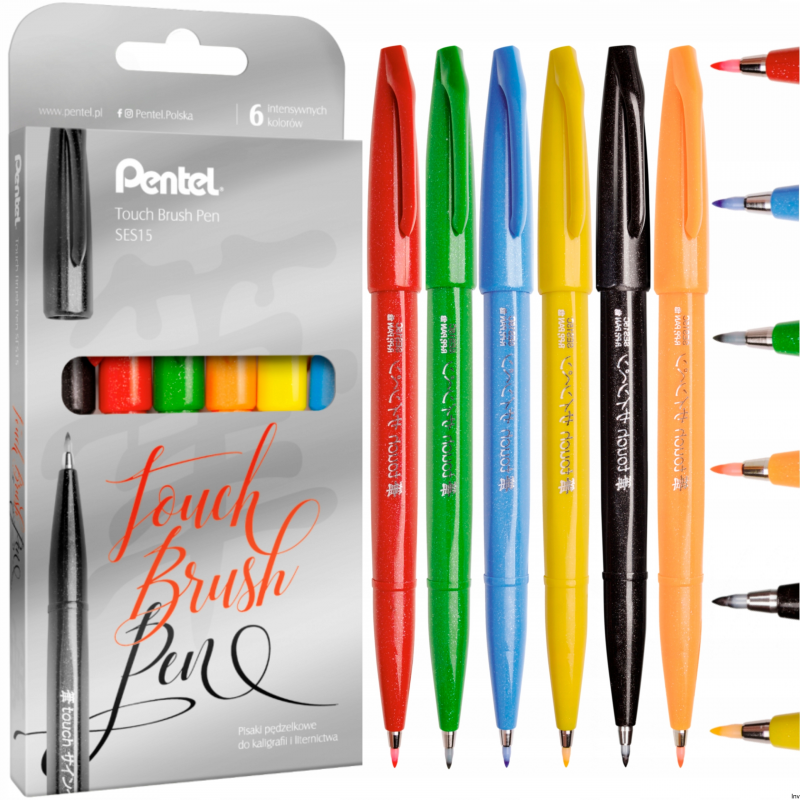 Zestaw pisaków pędzelkowych do kaligrafii Pentel Touch Brush Pen 6 sztuk