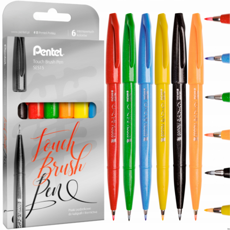 Zestaw pisaków pędzelkowych do kaligrafii Pentel Touch Brush Pen 6 sztuk