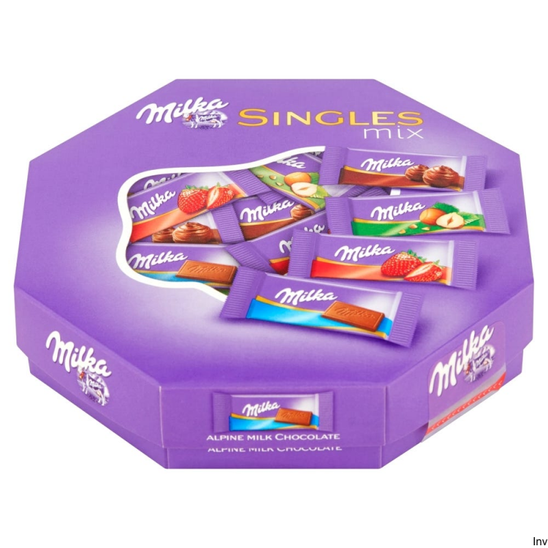 Czekoladki Milka Singles Mix 138g - mleczne z orzechami, truskawkowym i kakaowym nadzieniem, 32 sztuki