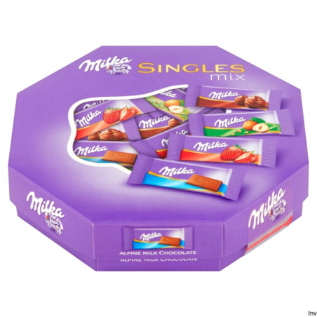 Czekoladki Milka Singles Mix 138g - mleczne z orzechami, truskawkowym i kakaowym nadzieniem, 32 sztuki