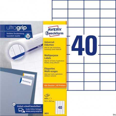 Etykiety uniwersalne Avery Zweckform 52,5x29,7 mm, 100 arkuszy, 4000 sztuk, białe, A4