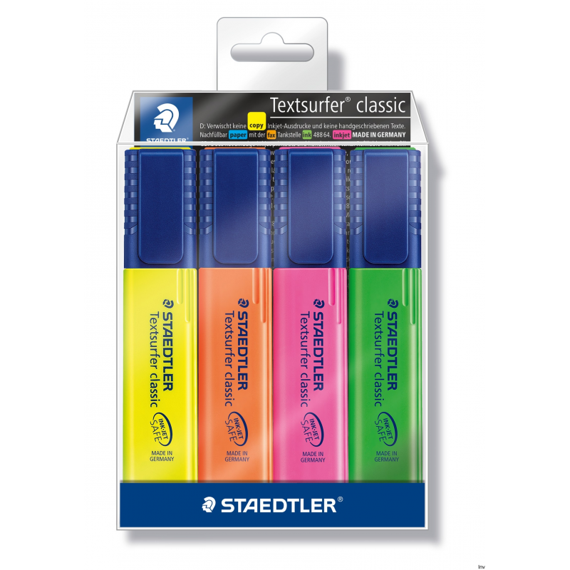 Zakreślacz Staedtler Classic 4 kolory w etui, atrament pigmentowy, grubość linii 1-5 mm, 10 sztuk