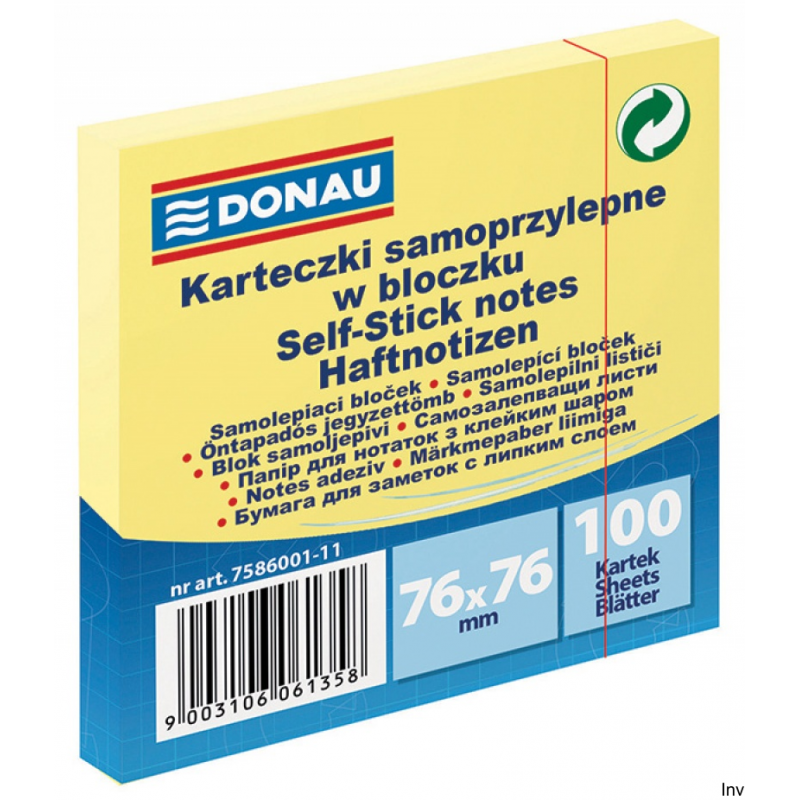 Bloczek samoprzylepny 76x76 mm żółty 100 sztuk Donau