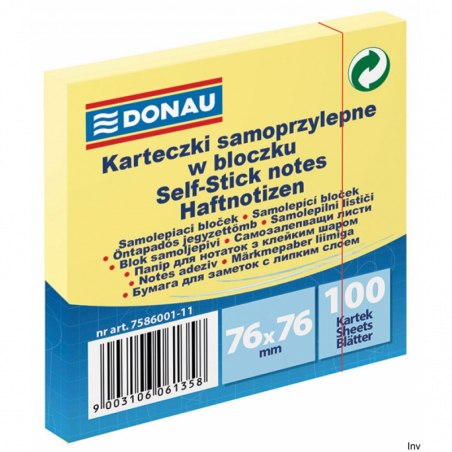 Bloczek samoprzylepny 76x76 mm żółty 100 sztuk Donau