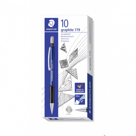 Ołówek automatyczny Staedtler 0,7 mm niebieski z gumką i systemem amortyzacji grafitu, 10 sztuk w opakowaniu