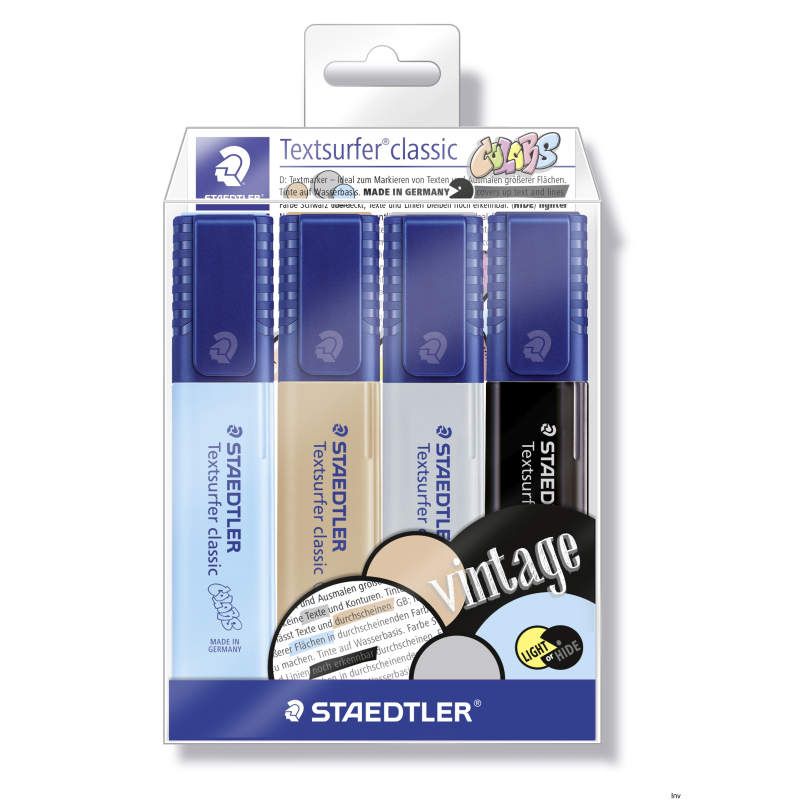 Zakreślacz Staedtler Classic VINTAGE 4 kolory, atrament pigmentowy, grubość linii 1-5 mm, 10 sztuk w opakowaniu