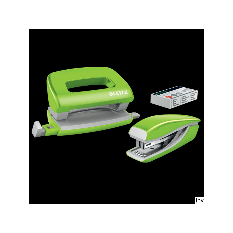 Zszywacz i dziurkacz mini Leitz zielony do 10 kartek 80 gsm, ergonomiczny, idealny do biura i szkoły