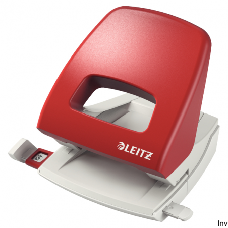 Dziurkacz duży Leitz 5005 czerwony do 25 kartek z metalową podstawą i ergonomicznym uchwytem