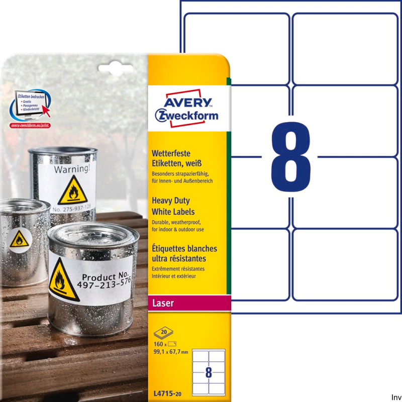 Etykiety Avery Zweckform Heavy Duty 99,1 x 67,7 mm, białe, poliestrowe, 20 arkuszy, 160 etykiet