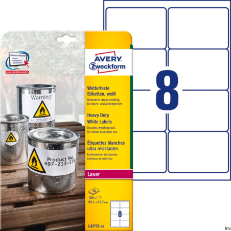 Etykiety Avery Zweckform Heavy Duty 99,1 x 67,7 mm, białe, poliestrowe, 20 arkuszy, 160 etykiet