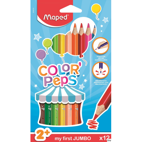Kredki trójkątne Maped Colorpeps Jumbo 12 kolorów, grube, drewno lipowe, grafit 4,7 mm