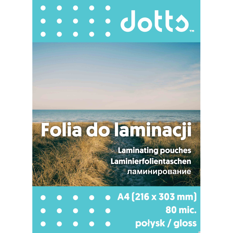 Folia do laminacji A4 80 mikronów Dotts, transparentna, zabezpiecza dokumenty przed wilgocią i uszkodzeniami