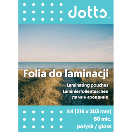Folia do laminacji A4 80 mikronów Dotts, transparentna, zabezpiecza dokumenty przed wilgocią i uszkodzeniami