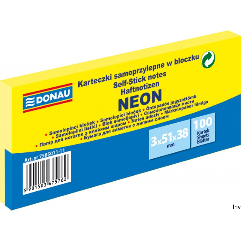 Donau Bloczek samoprzylepny 38x51 mm neon żółty 3x100 sztuk 70 gsm